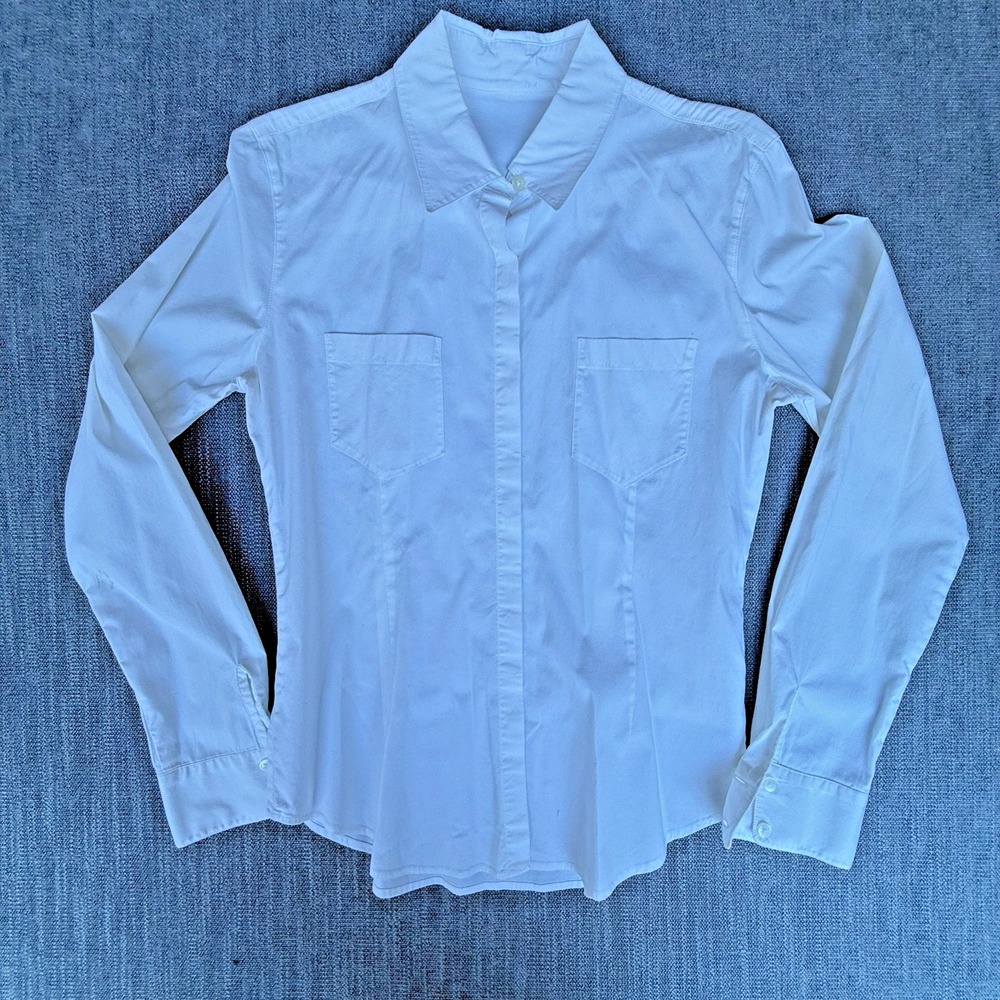 Women Shirt Top White Long Sleeve Dual Pocket Collared Casual Workwear Button Up
